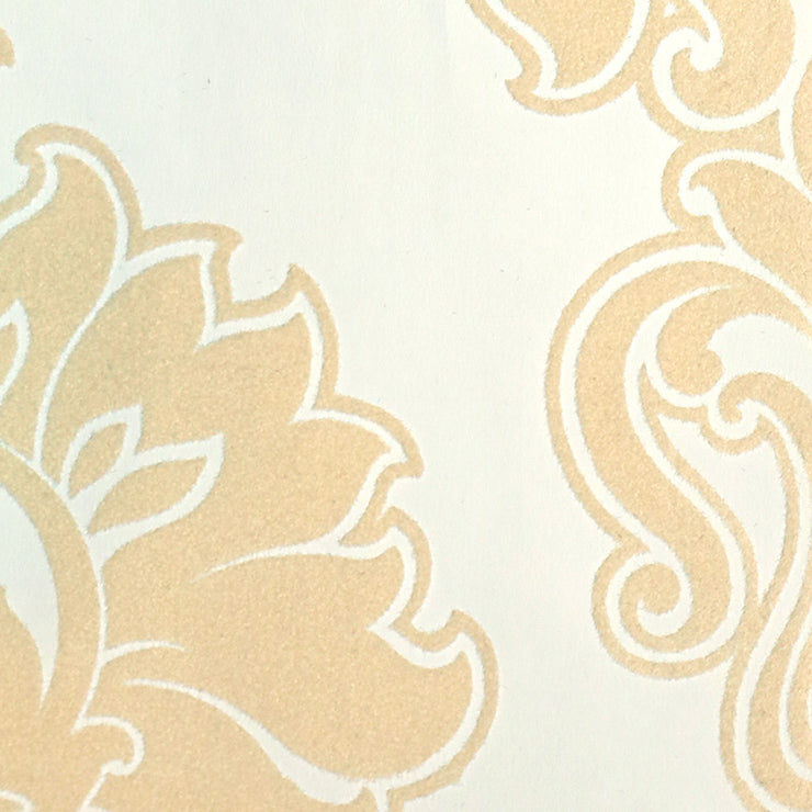 Symphony Damask - White and Beige Velvet Wallpaper